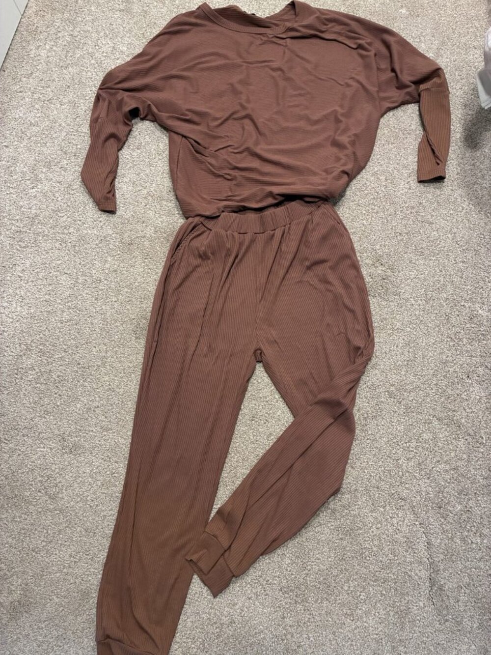 PrettyGarden 2 Piece Ribbed Lounge Set Brown Large Long Sleeve Top Jogger Pants